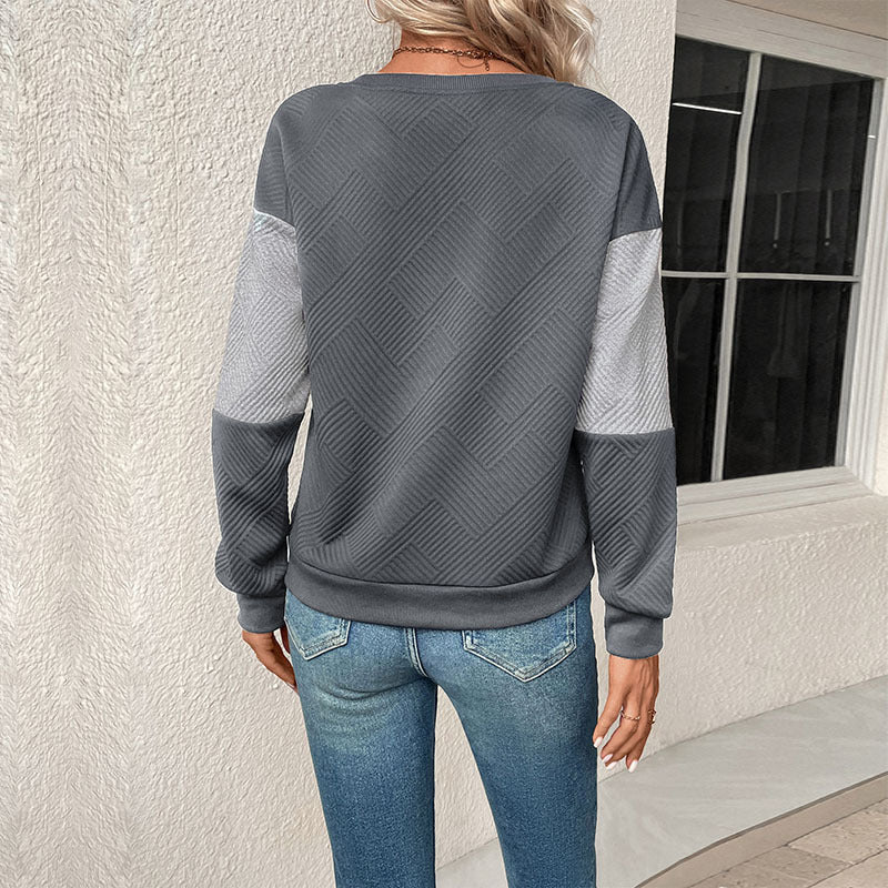 Relaxed Colour Block Sweatshirt with Check Pattern and Round Neck
