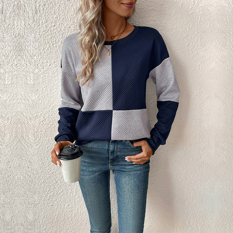 Relaxed Colour Block Sweatshirt with Check Pattern and Round Neck
