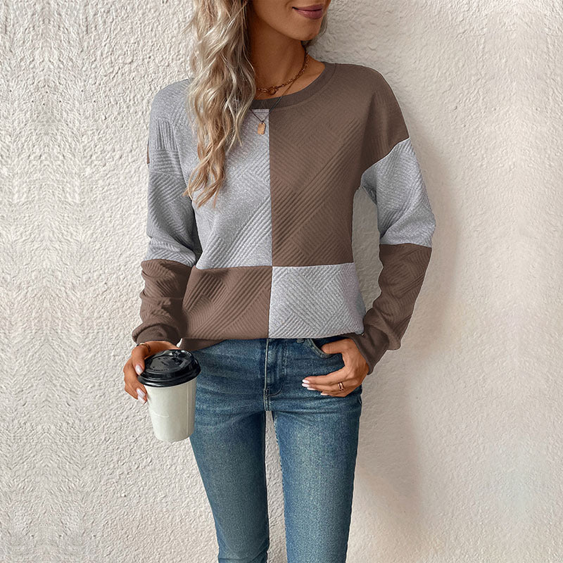 Relaxed Colour Block Sweatshirt with Check Pattern and Round Neck