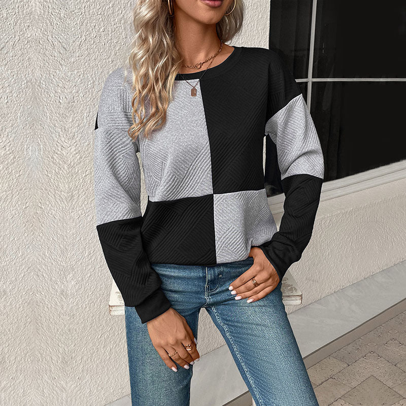 Relaxed Colour Block Sweatshirt with Check Pattern and Round Neck