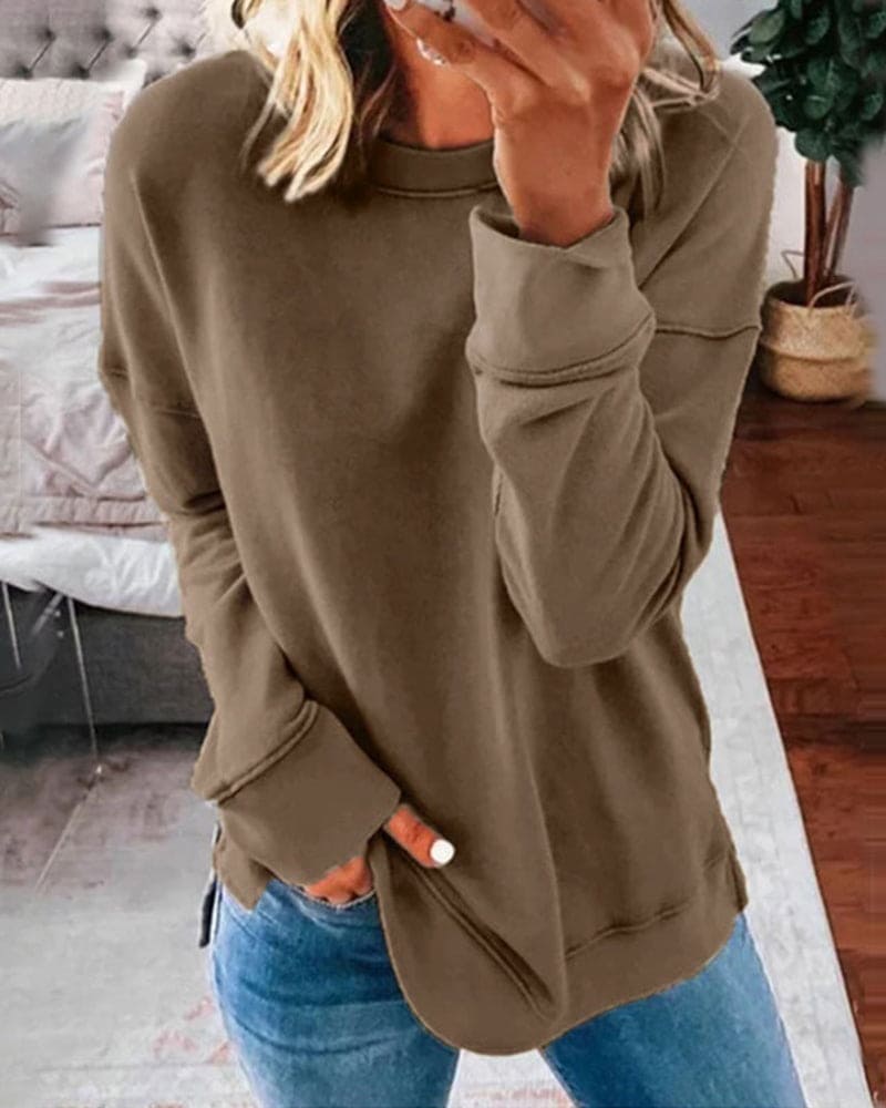 Relaxed Crew Neck Sweatshirt with Curved Hem and Side Slits