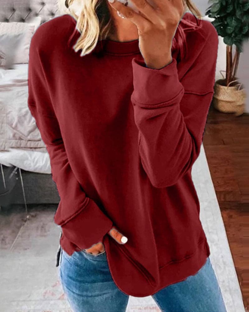 Relaxed Crew Neck Sweatshirt with Curved Hem and Side Slits