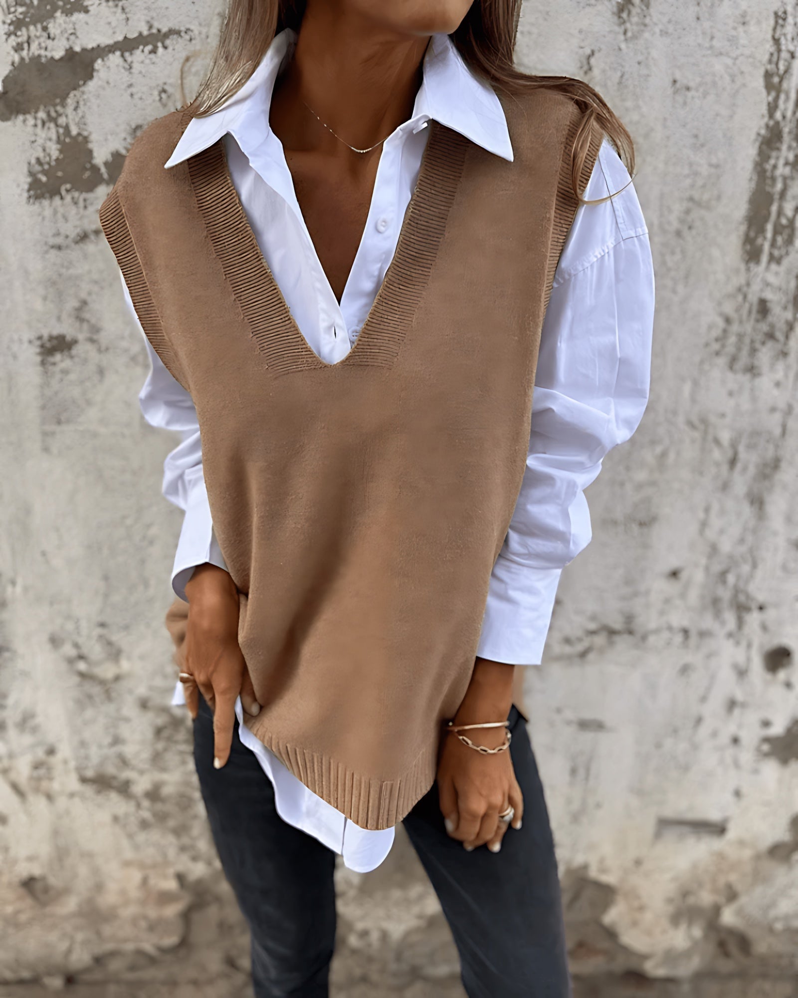 Relaxed Knit Sweater Vest with Deep V-Neckline and Ribbed Trim