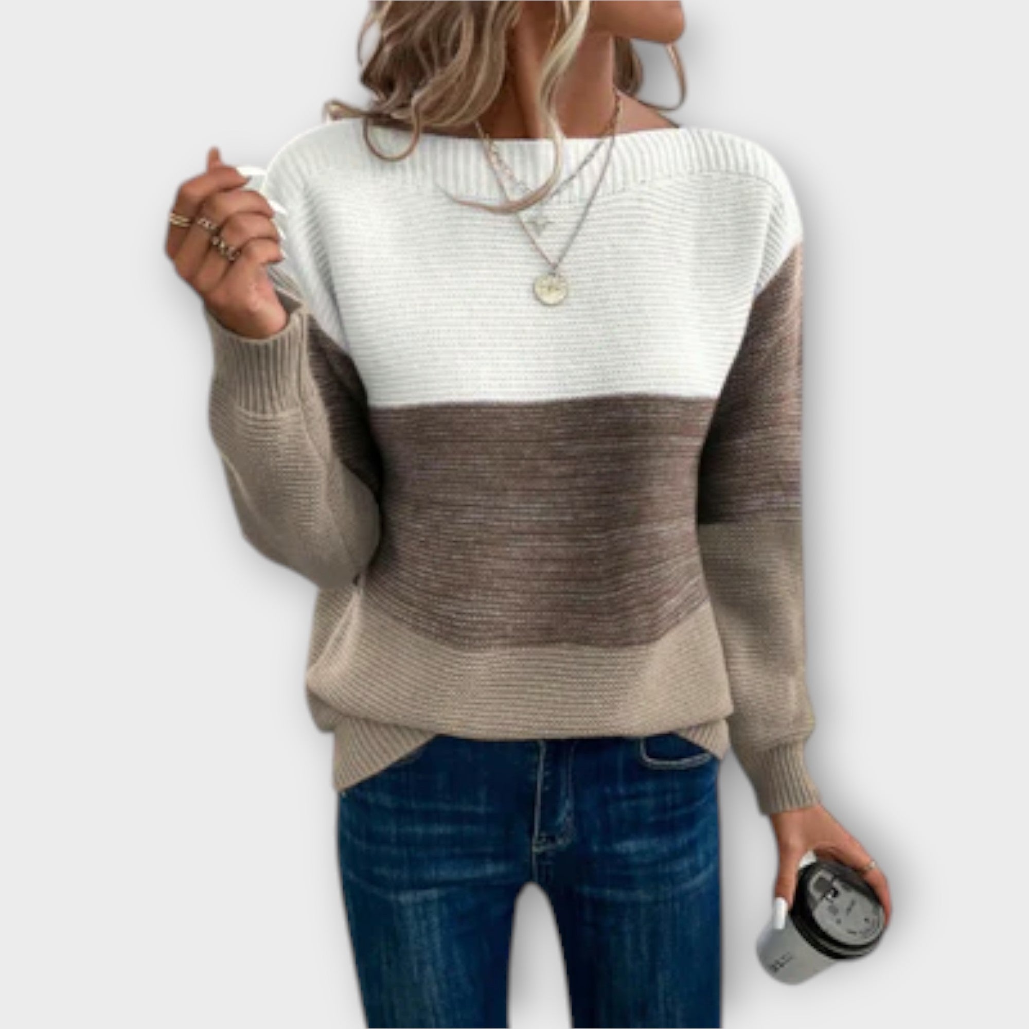 Relaxed Knit Sweater with Colour Block Stripe Pattern