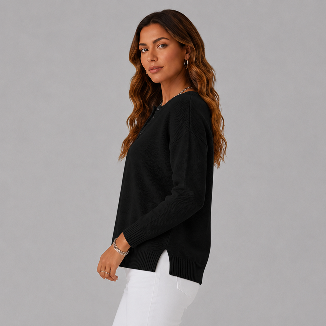 Relaxed Knit Sweater with Henley Button Neckline