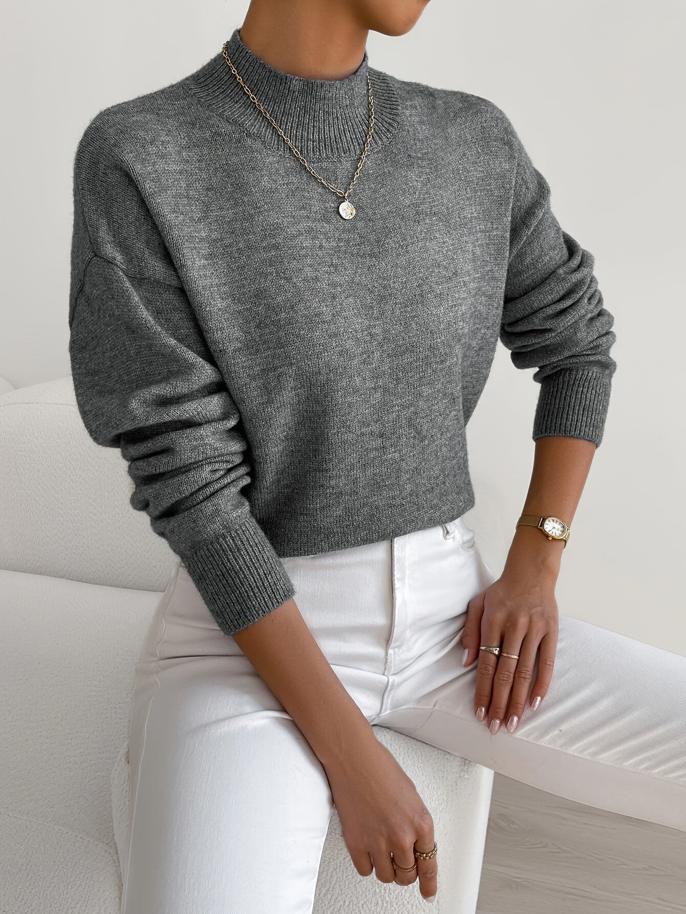 Relaxed Knit Sweater with Mock Neck and Ribbed Cuffs