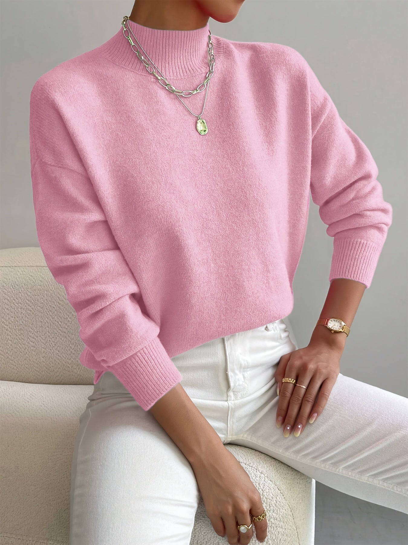 Relaxed Knit Sweater with Mock Neck and Ribbed Cuffs