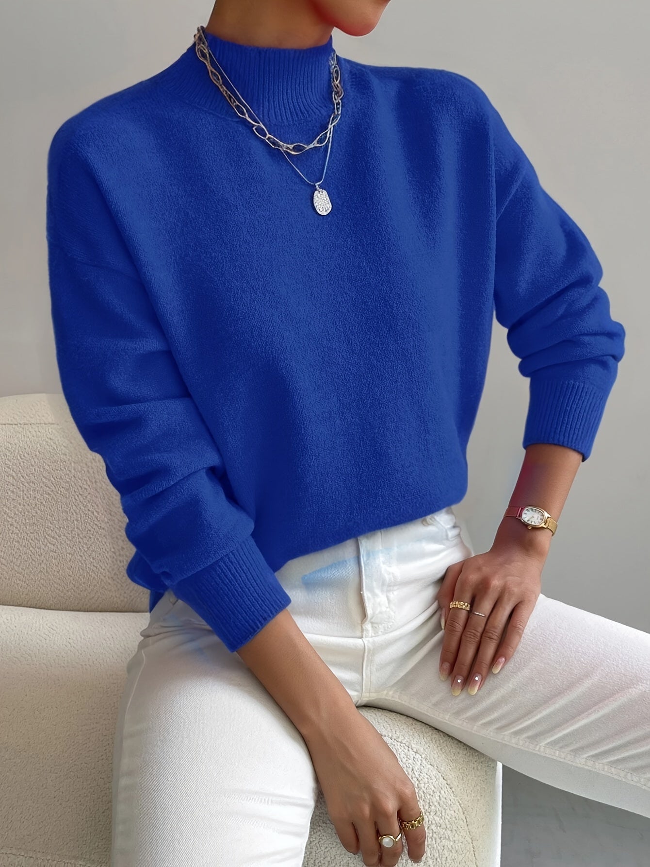 Relaxed Knit Sweater with Mock Neck and Ribbed Cuffs