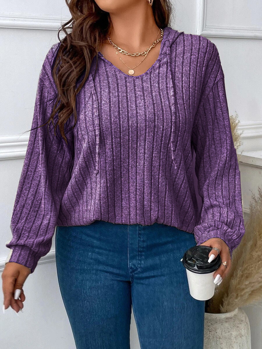 Relaxed Ribbed Knit Hoodie with V-Neckline and Drawstring Hood