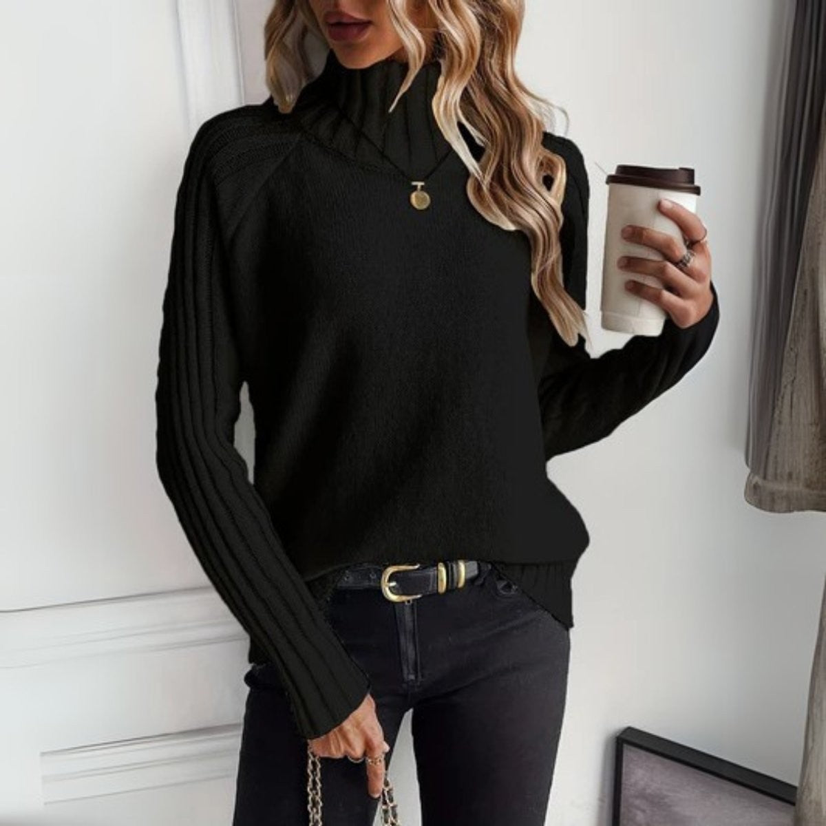 Relaxed Turtleneck Sweater with Ribbed Raglan Sleeves