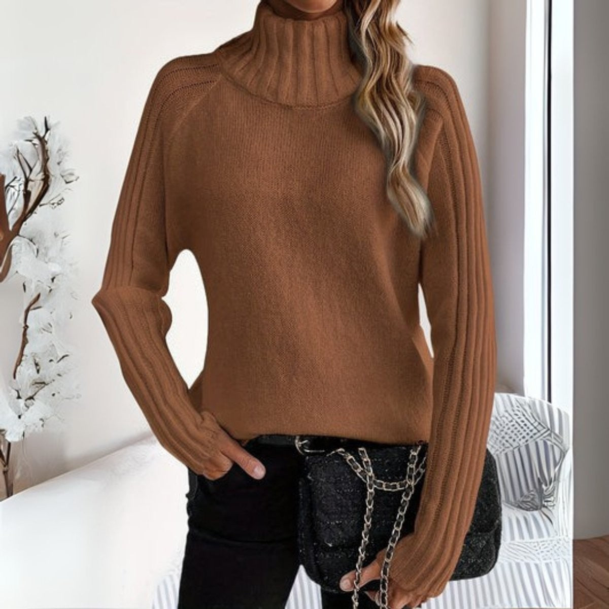 Relaxed Turtleneck Sweater with Ribbed Raglan Sleeves