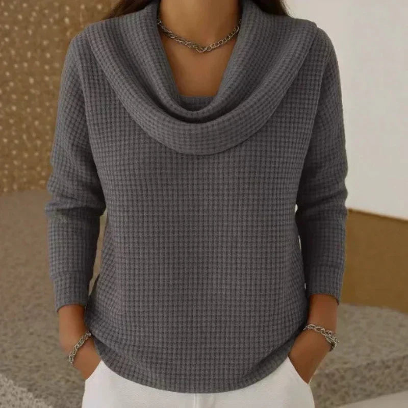 Relaxed Waffle Knit Sweater with Cowl Neck