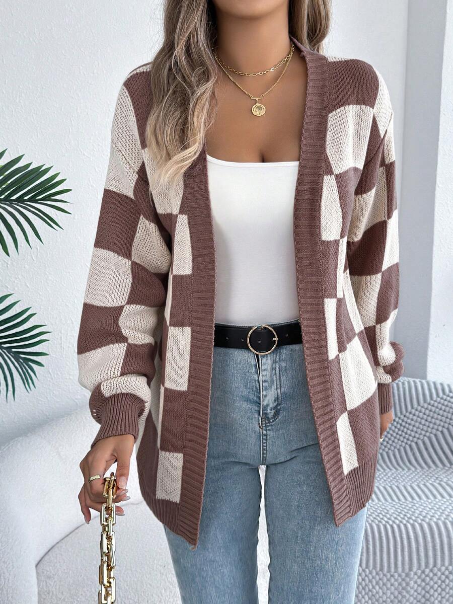 Retro Check Print Open Front Cardigan with Puff Sleeves