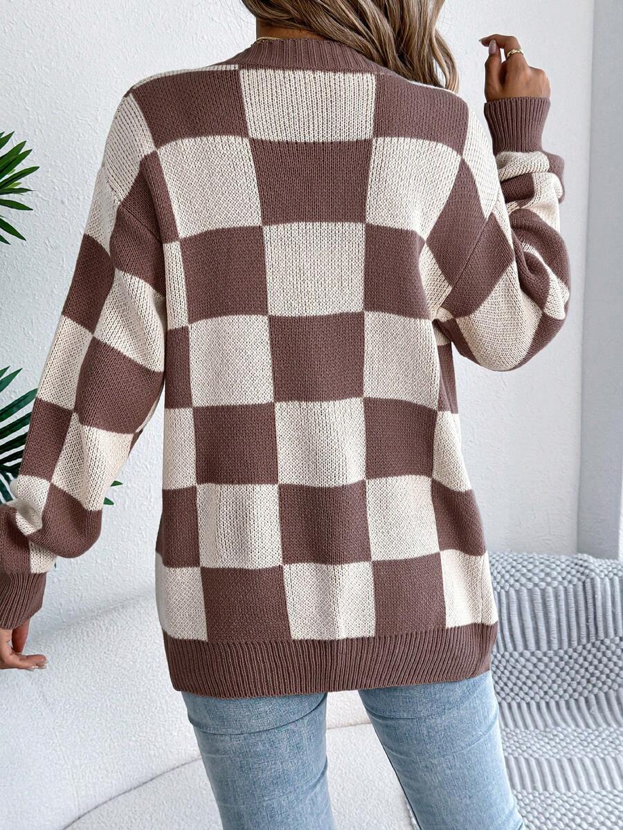 Retro Check Print Open Front Cardigan with Puff Sleeves