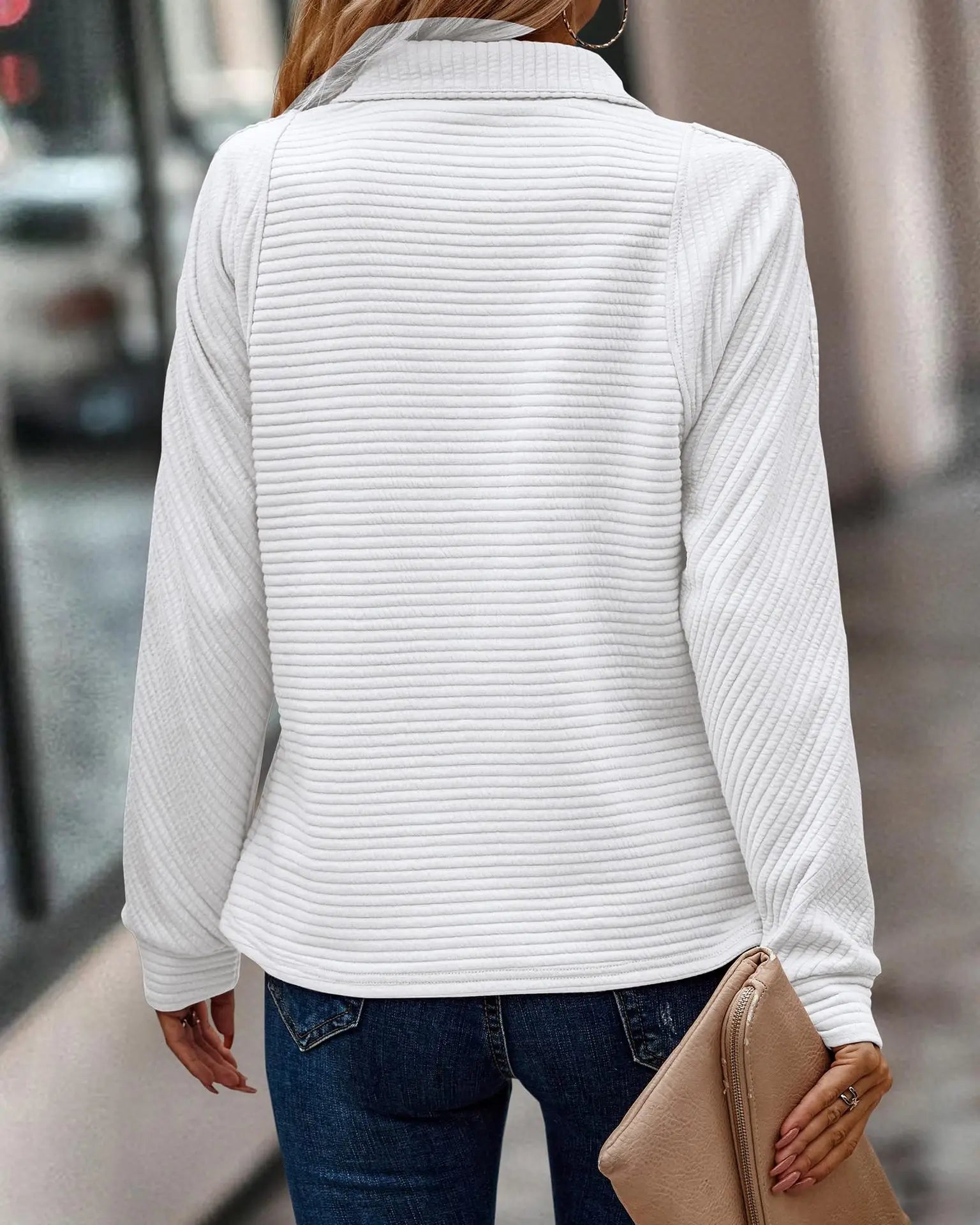 Ribbed Half Zip Sweatshirt with Stand Collar