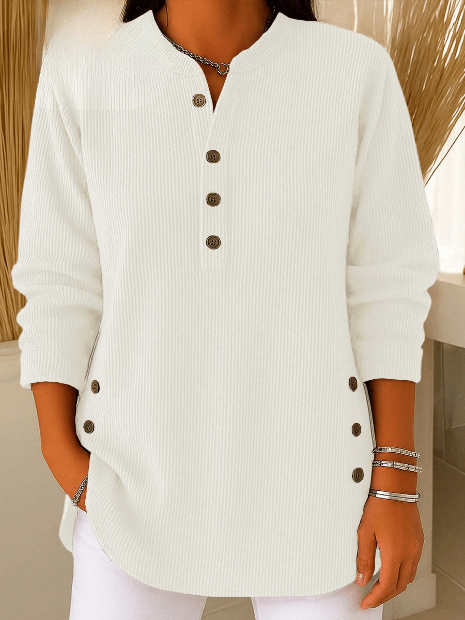 Ribbed Tunic Top with Henley Neckline and Side Button Detail