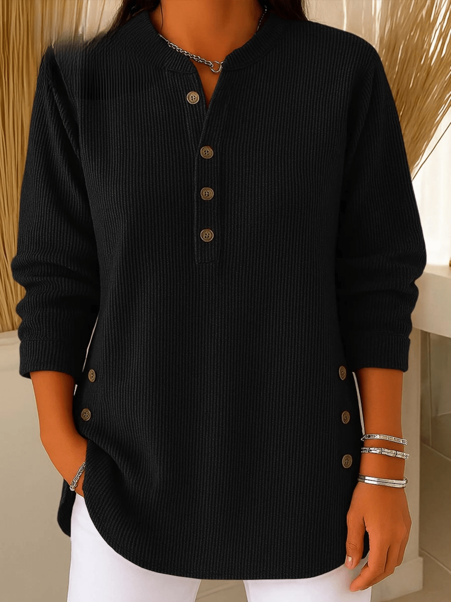 Ribbed Tunic Top with Henley Neckline and Side Button Detail