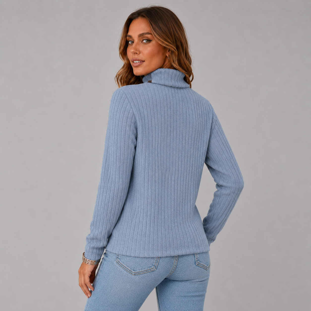 Ribbed Turtleneck Sweater with Side Button Detail