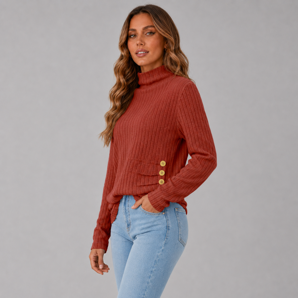 Ribbed Turtleneck Sweater with Side Button Detail