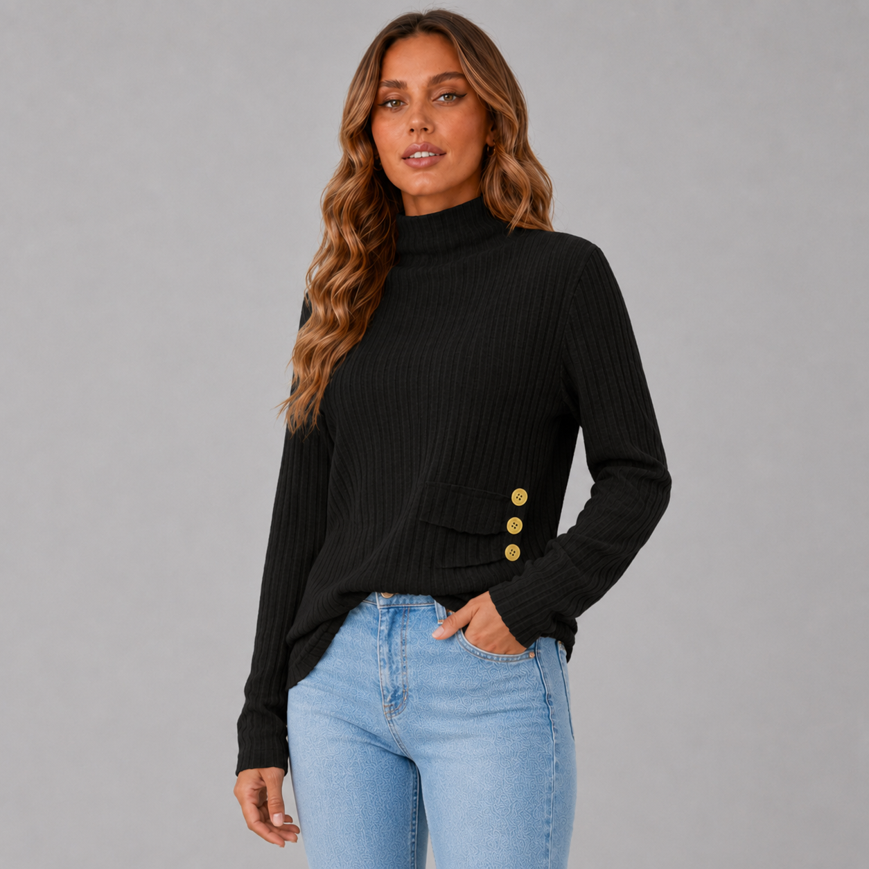 Ribbed Turtleneck Sweater with Side Button Detail