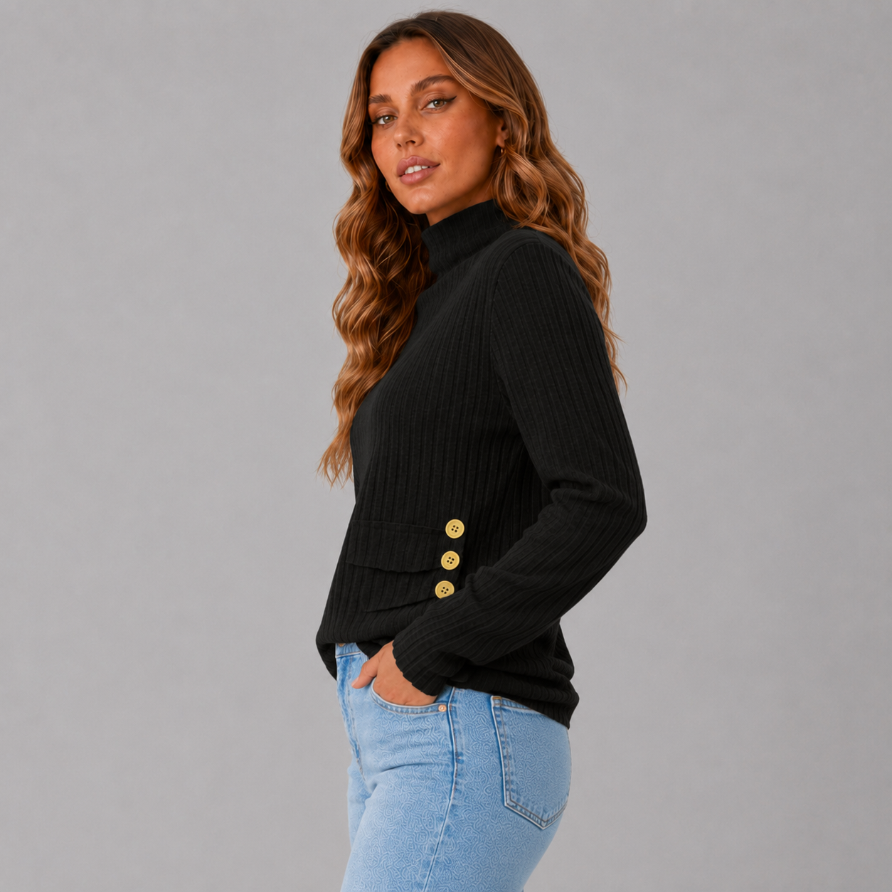 Ribbed Turtleneck Sweater with Side Button Detail