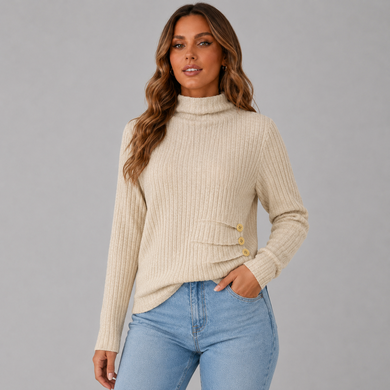 Ribbed Turtleneck Sweater with Side Button Detail
