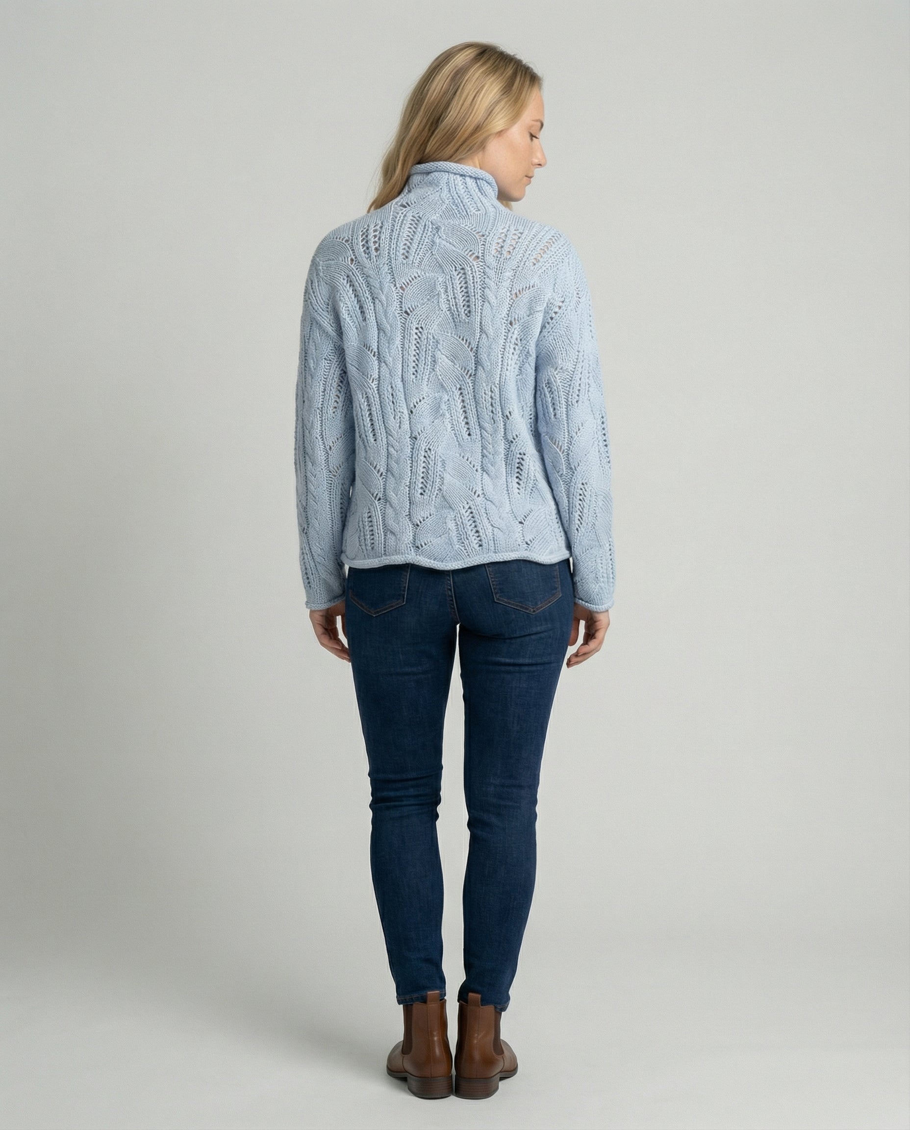 Soft Cable Knit Sweater with Turtleneck and Pointelle Detail