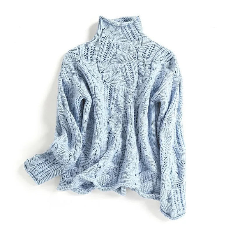 Soft Cable Knit Sweater with Turtleneck and Pointelle Detail