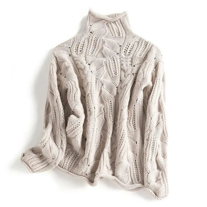 Soft Cable Knit Sweater with Turtleneck and Pointelle Detail