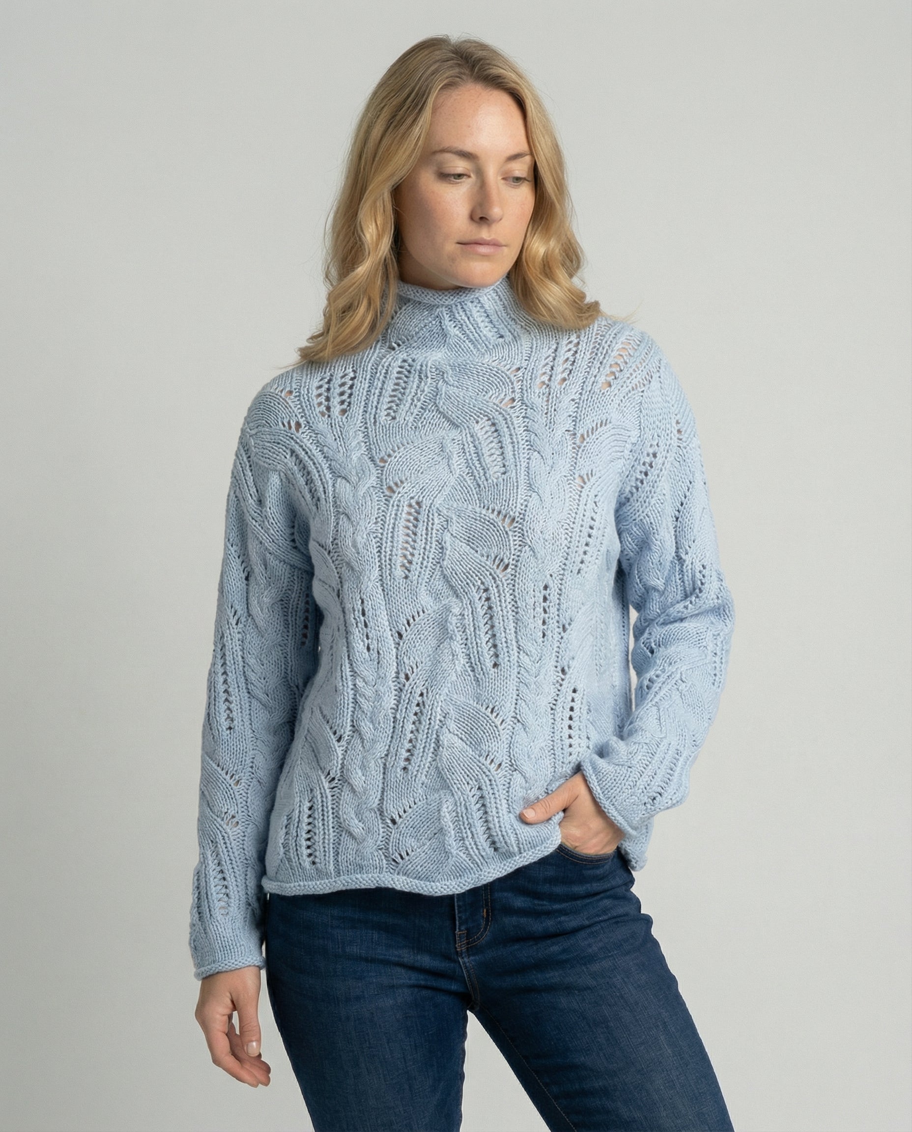 Soft Cable Knit Sweater with Turtleneck and Pointelle Detail