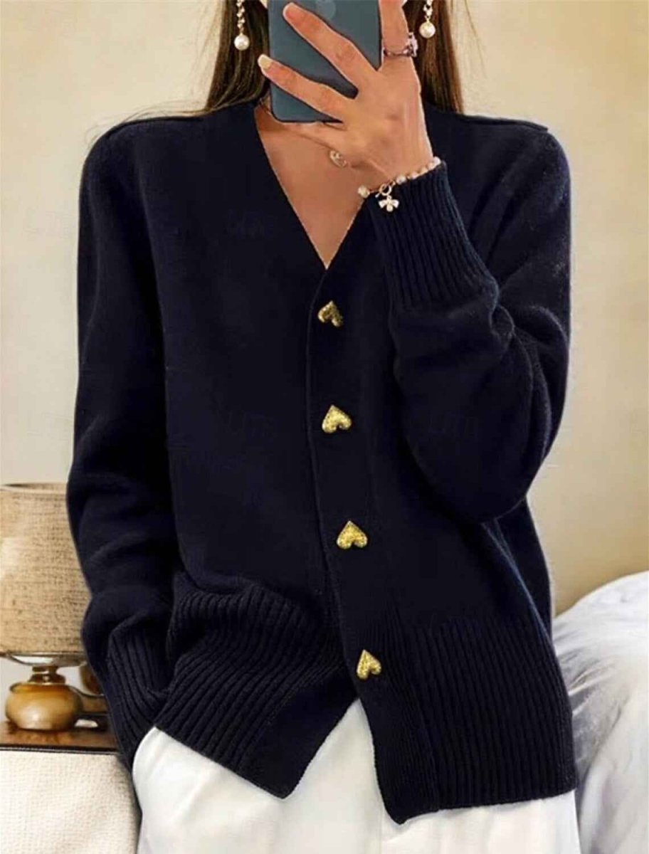 Soft Knit Cardigan with V-Neckline and Gold Heart Buttons