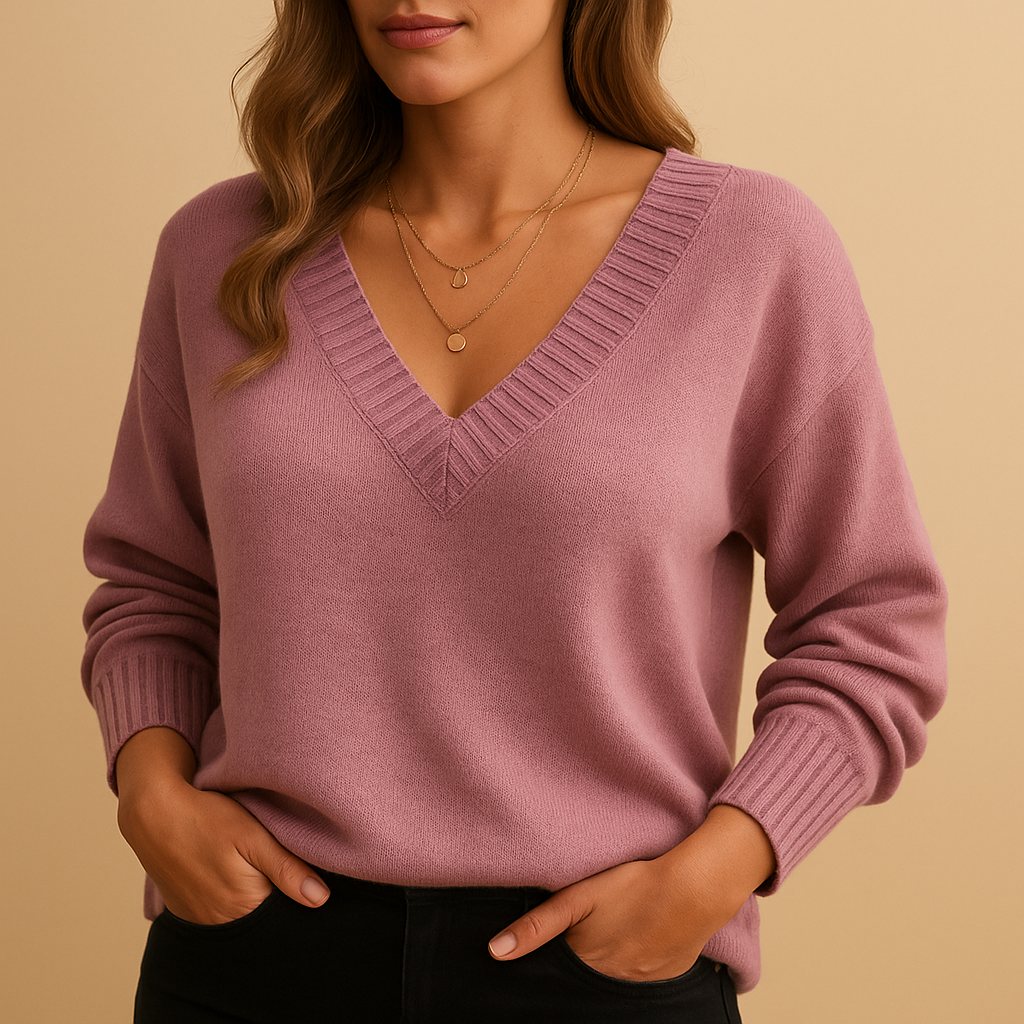 Soft Knit Sweater with Ribbed V-Neckline and Ribbed Cuffs