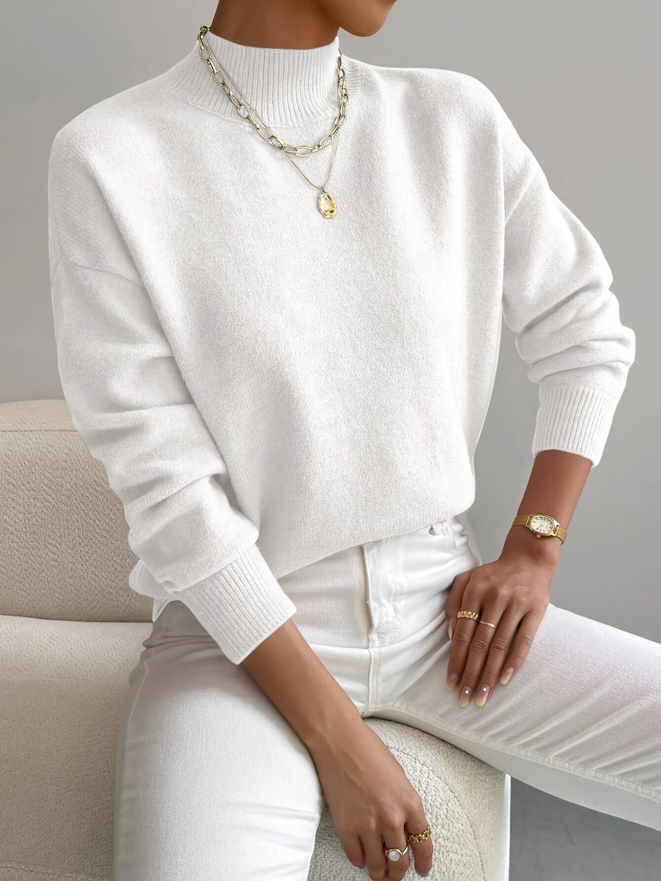 Soft Mock Neck Sweater with Ribbed Cuffs
