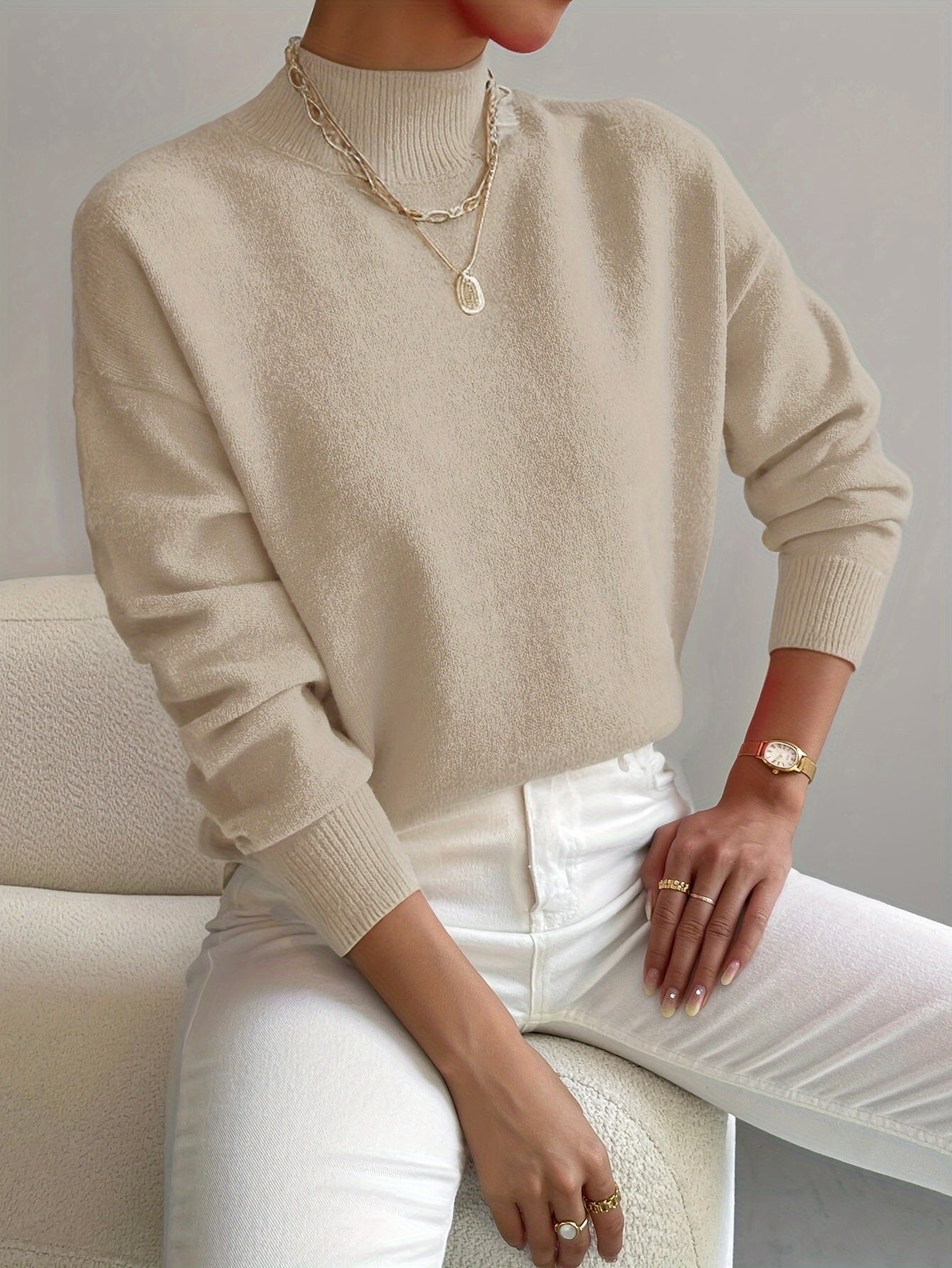 Soft Mock Neck Sweater with Ribbed Cuffs