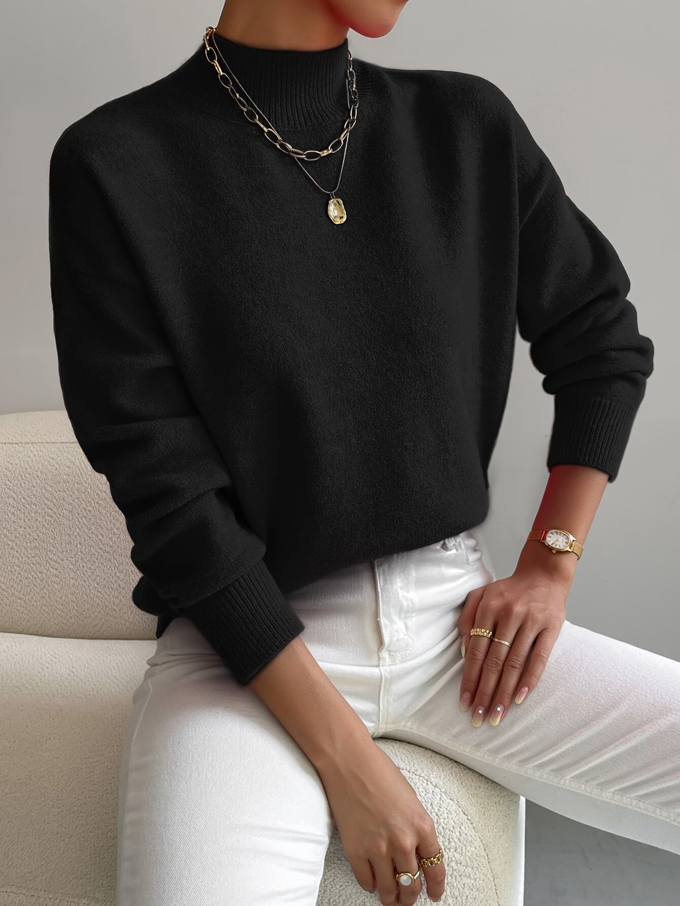 Soft Mock Neck Sweater with Ribbed Cuffs