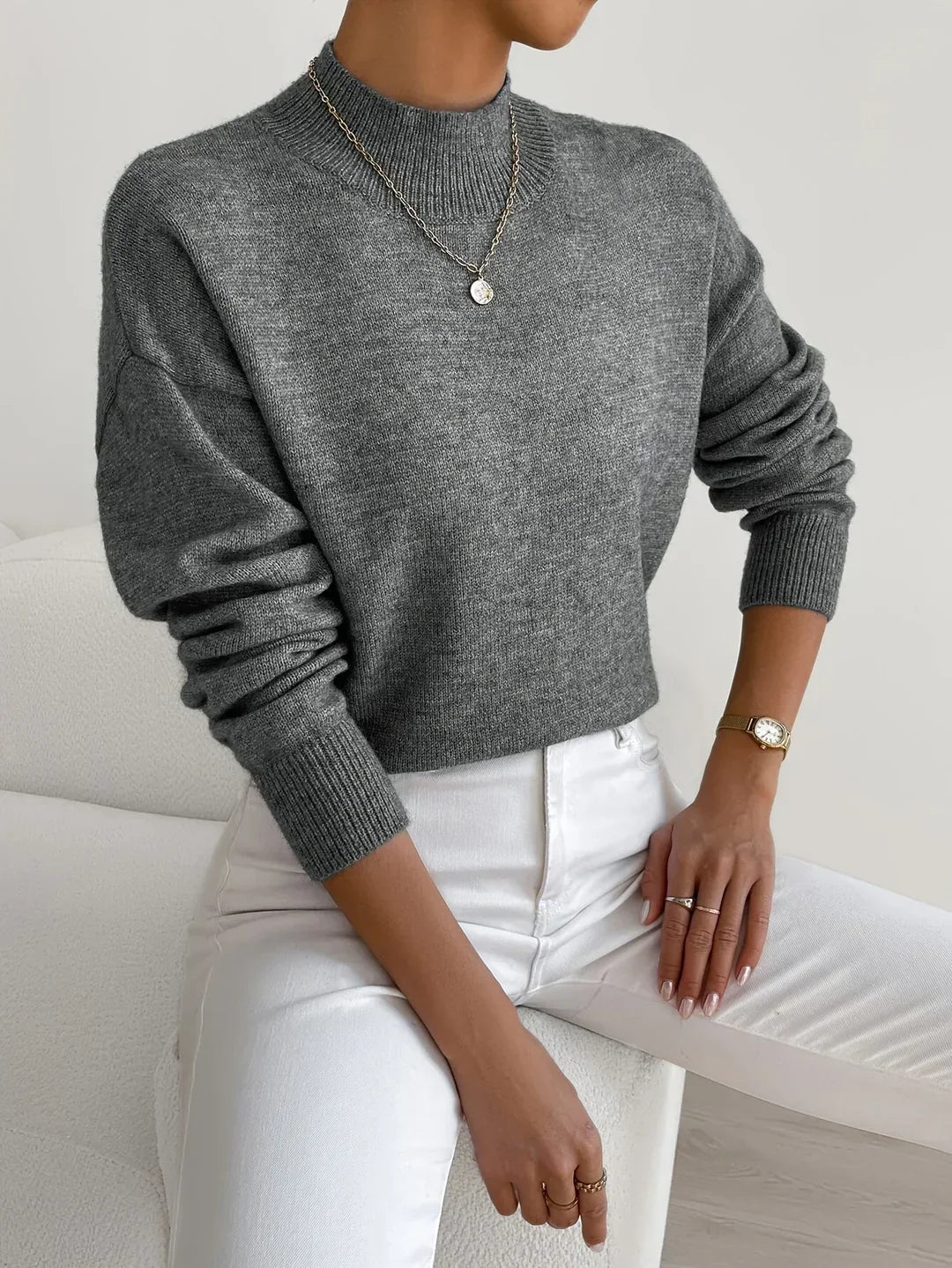 Soft Mock Neck Sweater with Ribbed Cuffs