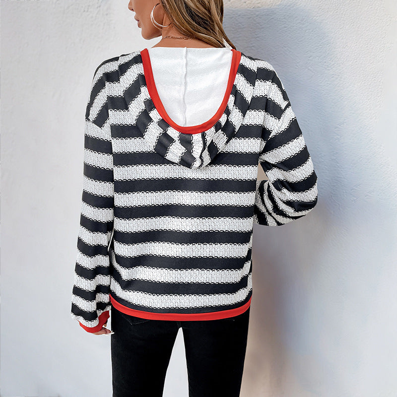 Striped Hoodie with V-Neckline and Red Contrast Trim