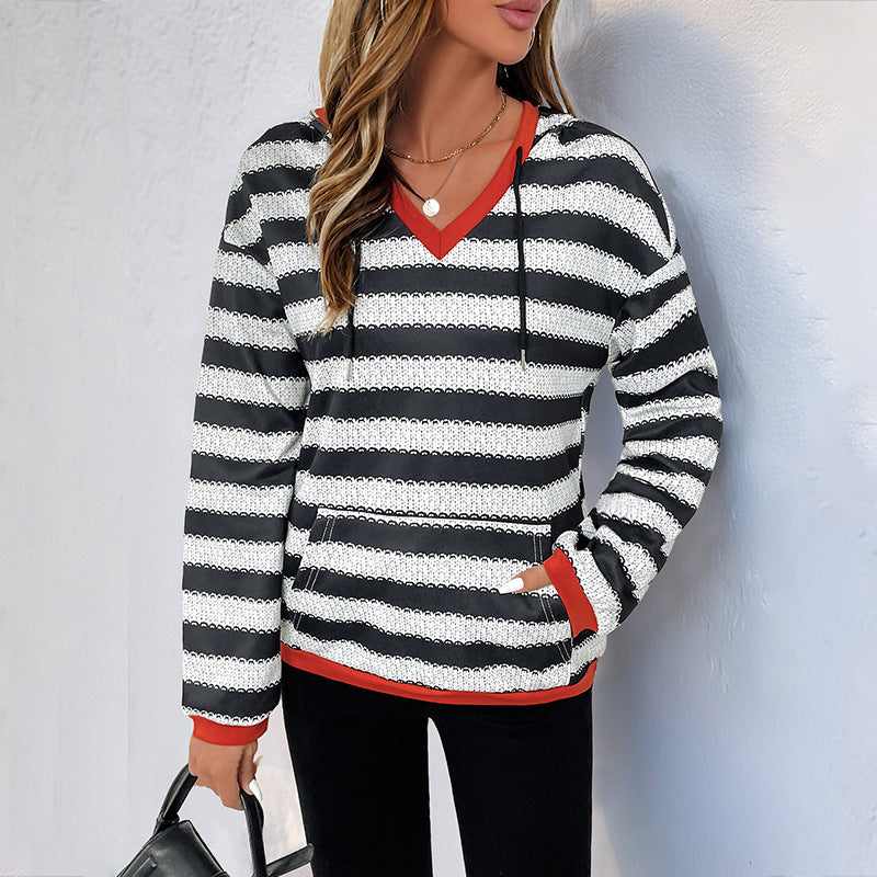 Striped Hoodie with V-Neckline and Red Contrast Trim