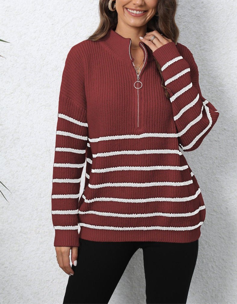 Striped Knit Sweater with Half Zip Collar and Drop Shoulders