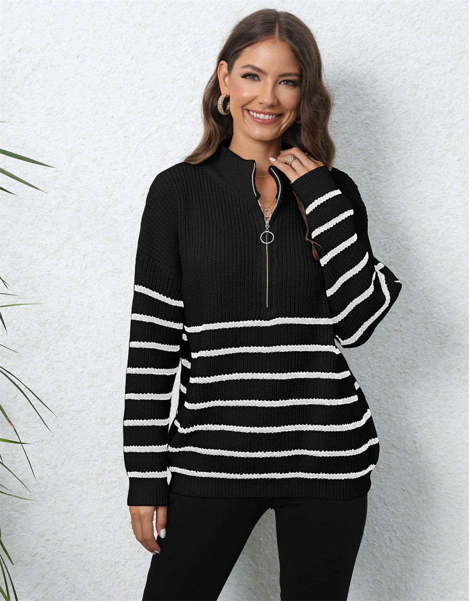Striped Knit Sweater with Half Zip Collar and Drop Shoulders
