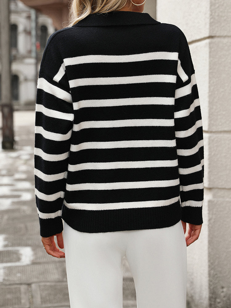 Striped Knit Sweater with Polo Collar and V-Neckline