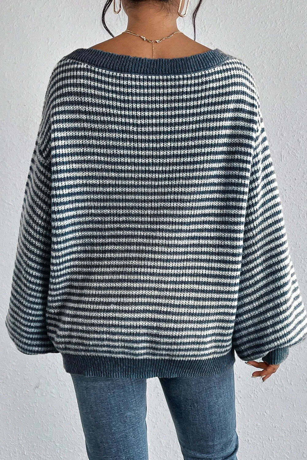 Striped Off Shoulder Knit Sweater with Voluminous Sleeves