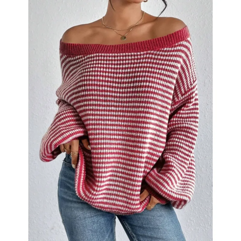Striped Off Shoulder Knit Sweater with Voluminous Sleeves