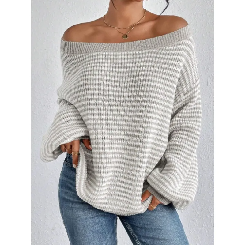 Striped Off Shoulder Knit Sweater with Voluminous Sleeves