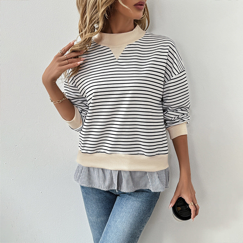 Striped Sweatshirt with Mock Neck and Ruffle Hem