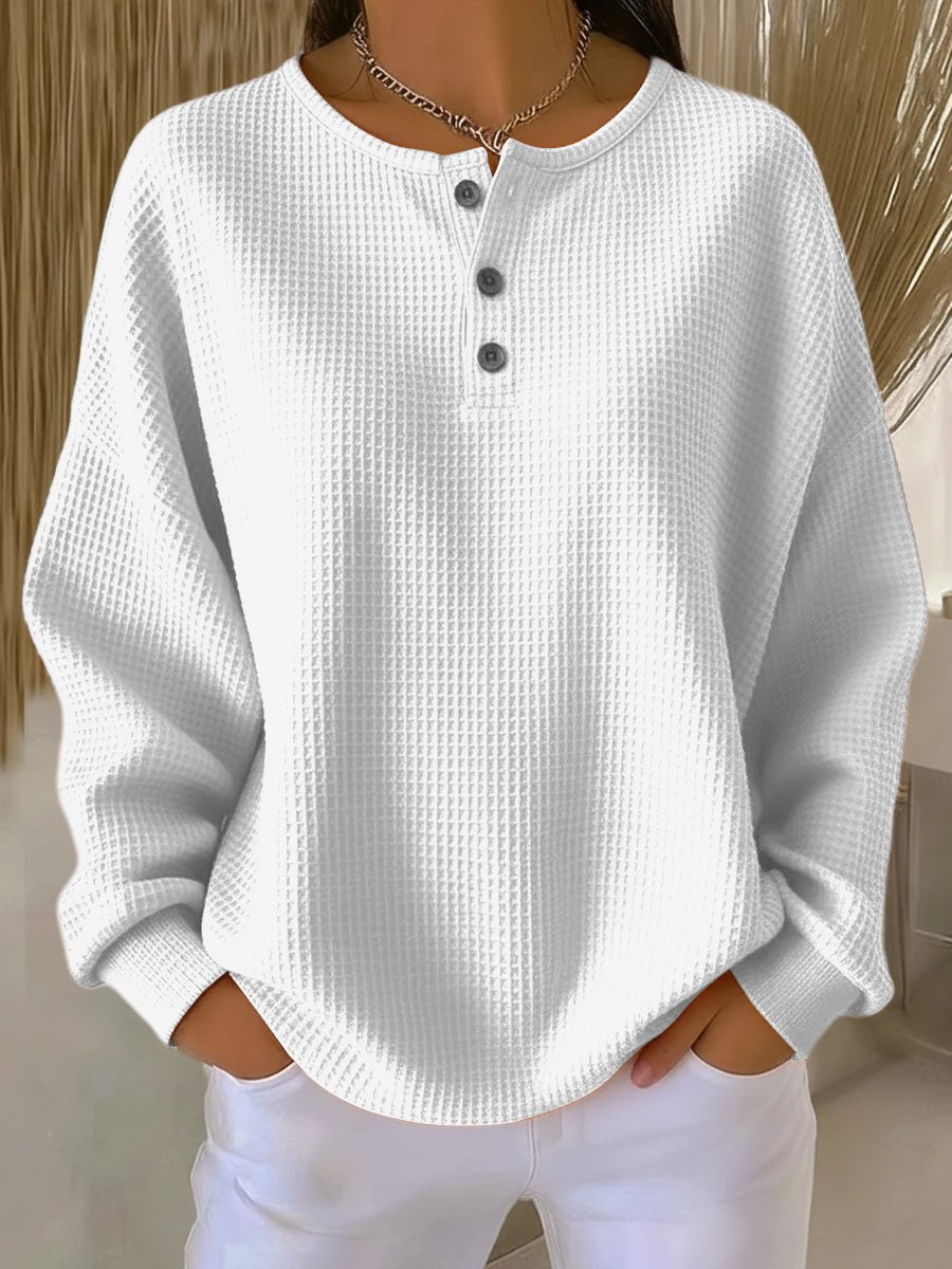 Waffle Knit Sweatshirt with Henley Neckline and Drop Shoulders