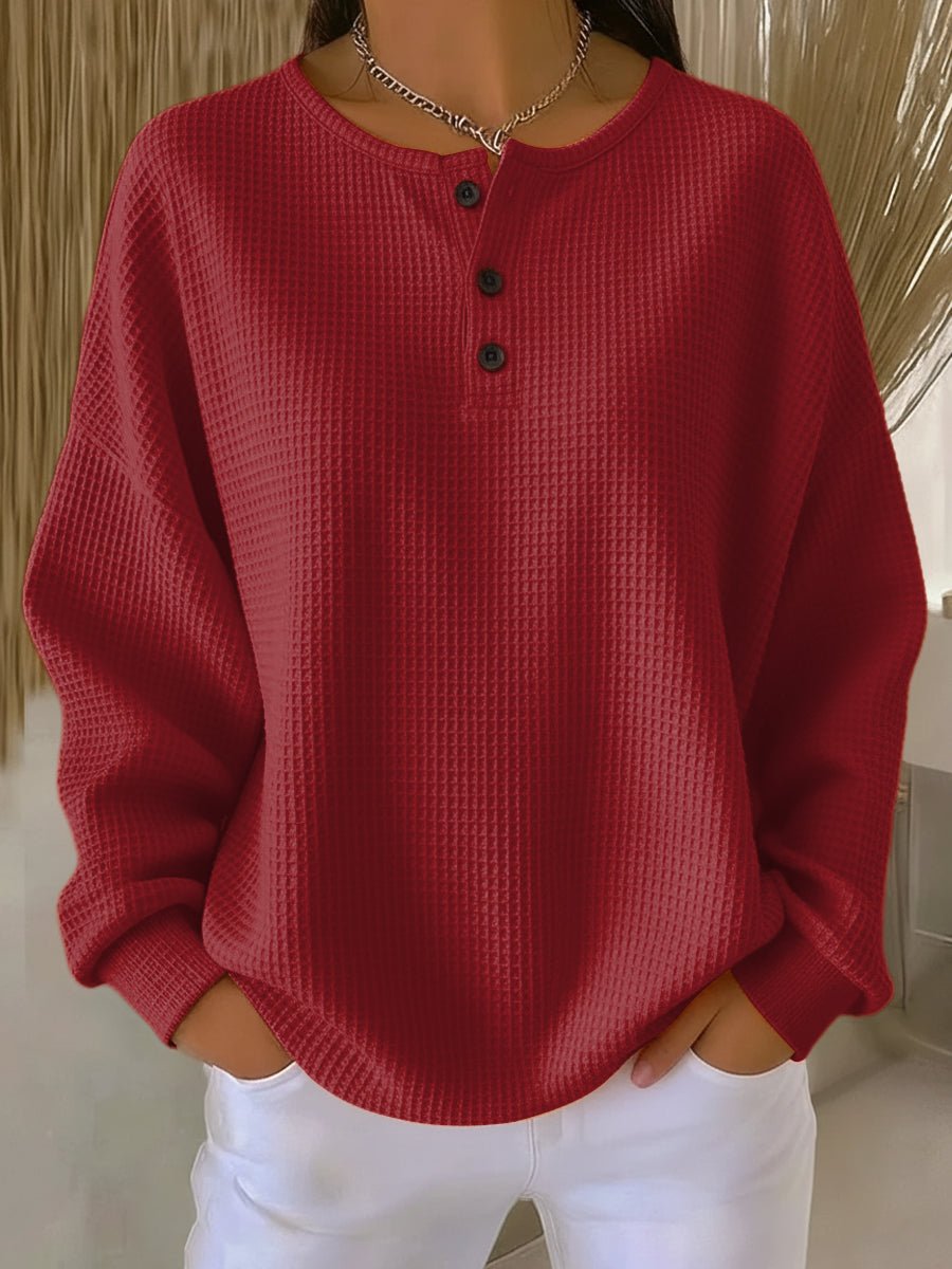 Waffle Knit Sweatshirt with Henley Neckline and Drop Shoulders