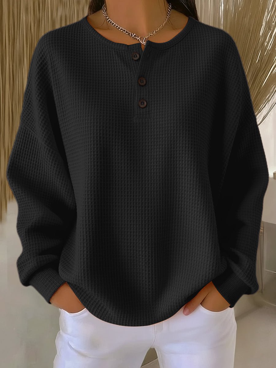 Waffle Knit Sweatshirt with Henley Neckline and Drop Shoulders