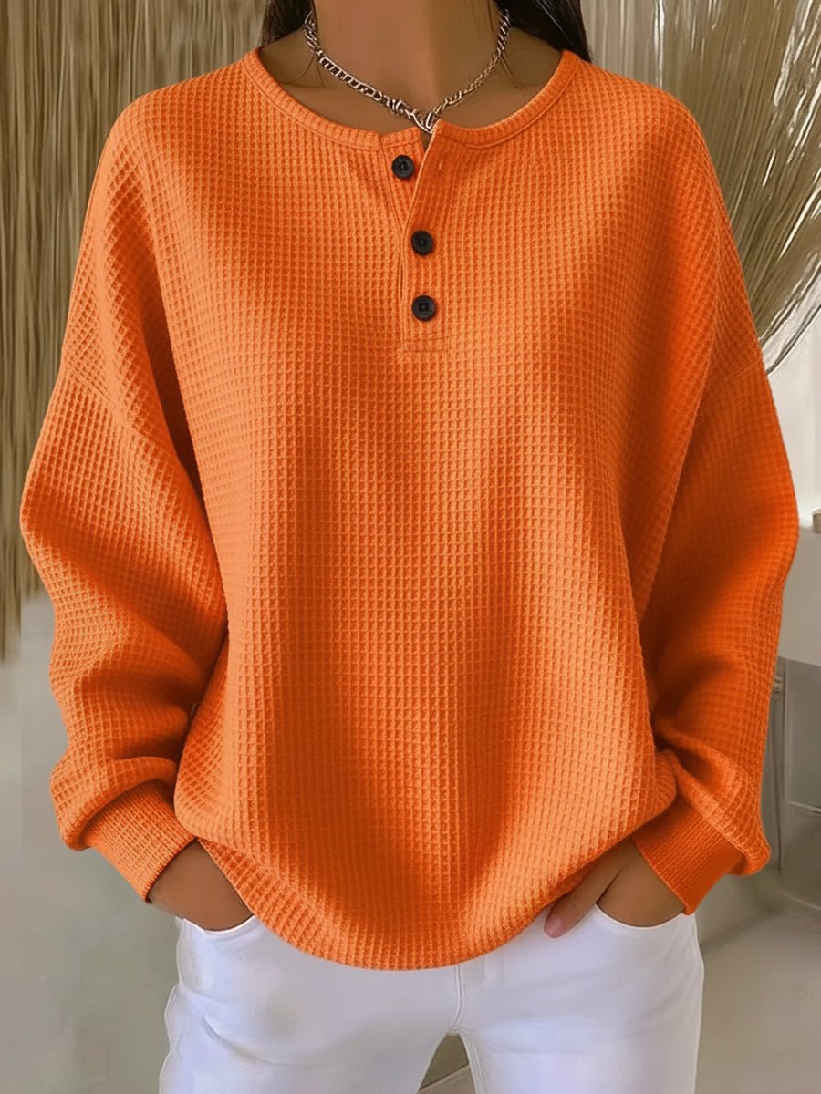 Waffle Knit Sweatshirt with Henley Neckline and Drop Shoulders