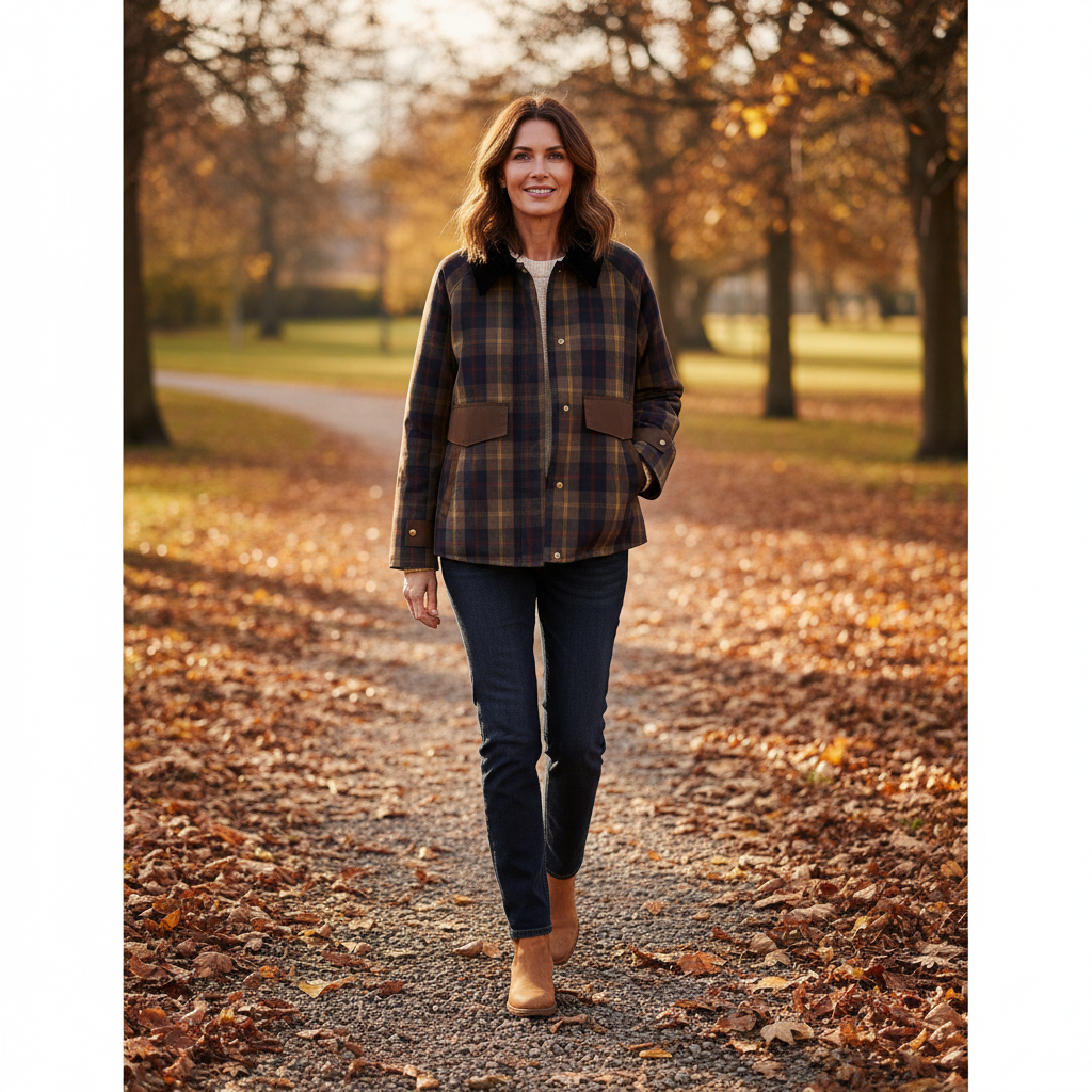 Warm Checked Jacket for Women with Soft Faux Fur Collar